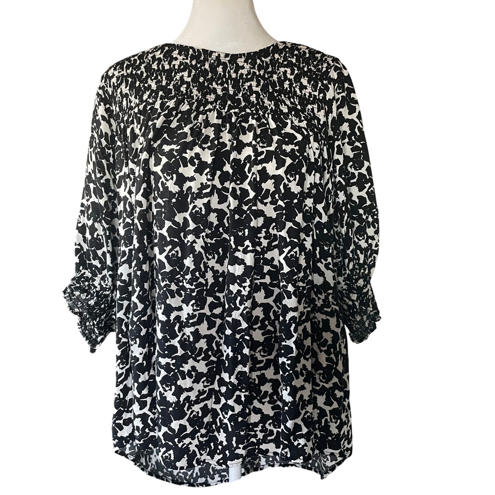 Terra & Sky Womens‎ Smocked Neck Blouse 2X Black White Fairy Boho Plus Size Top
